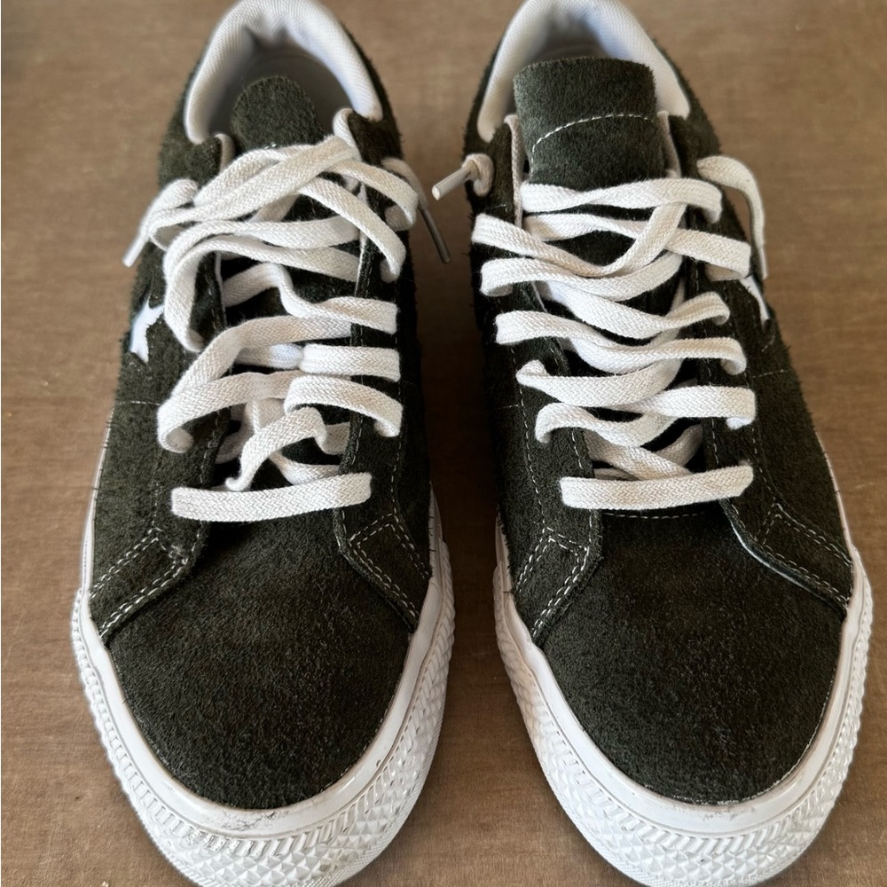 Green Suede Converse Sneakers with White Laces